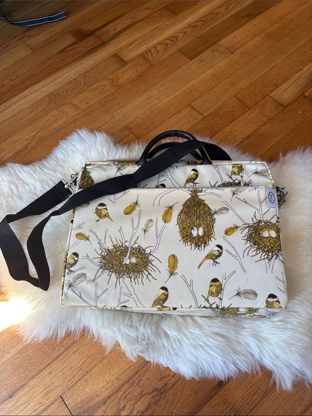 Danica Studios Canvas Bird-Print Laptop Bag in Cream and Mustard